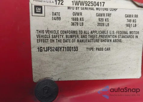 2000 Chevrolet Cavalier Ls z USA, uszkodzony, nr VIN 1G1JF5248Y7100133